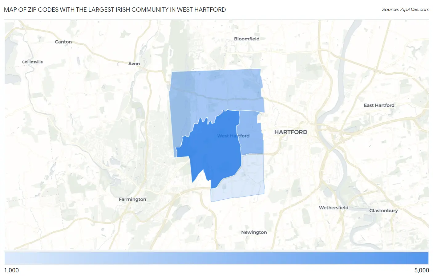 Zip Codes with the Largest Irish Community in West Hartford Map