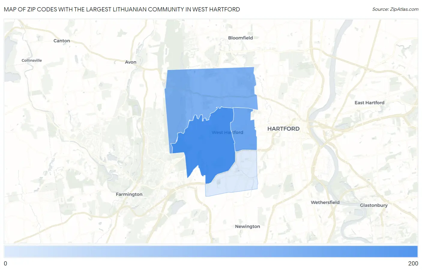 Zip Codes with the Largest Lithuanian Community in West Hartford Map