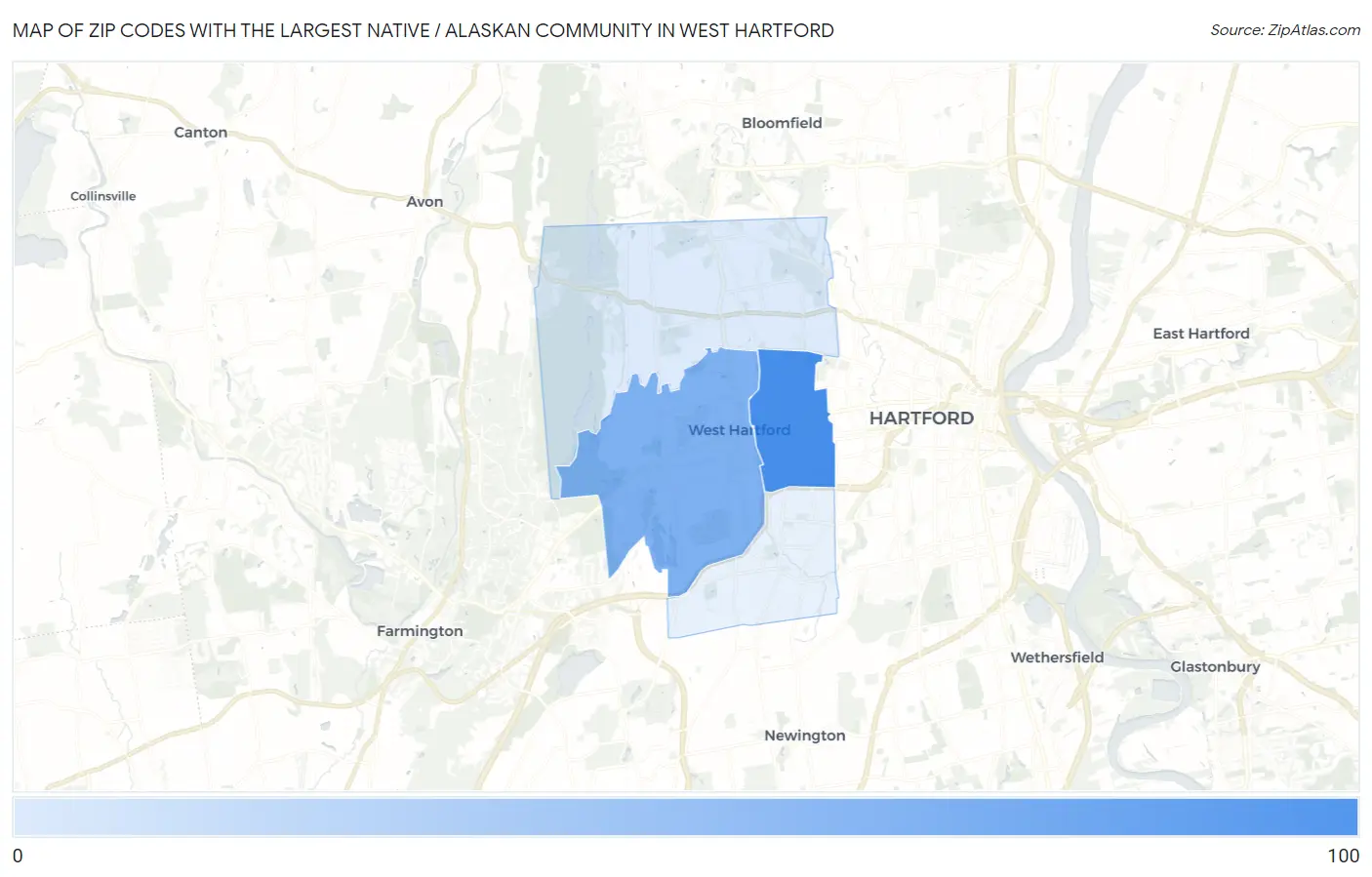 Zip Codes with the Largest Native / Alaskan Community in West Hartford Map
