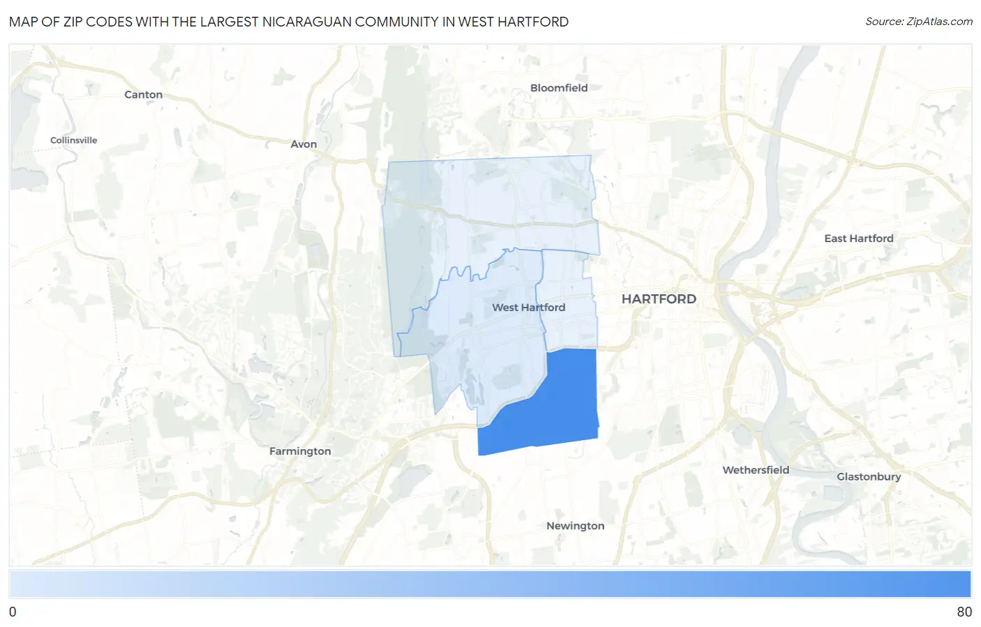 Zip Codes with the Largest Nicaraguan Community in West Hartford Map