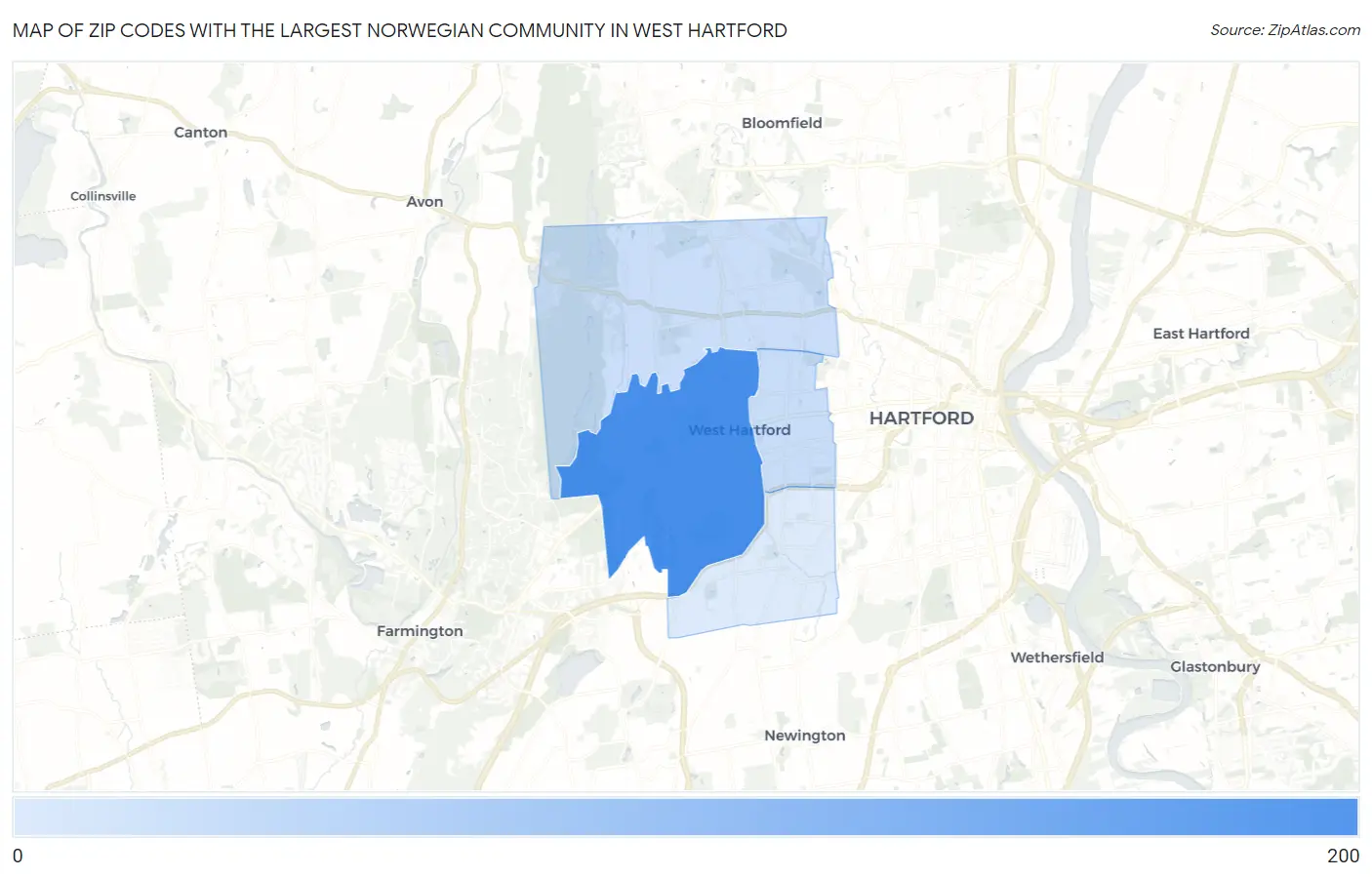 Zip Codes with the Largest Norwegian Community in West Hartford Map