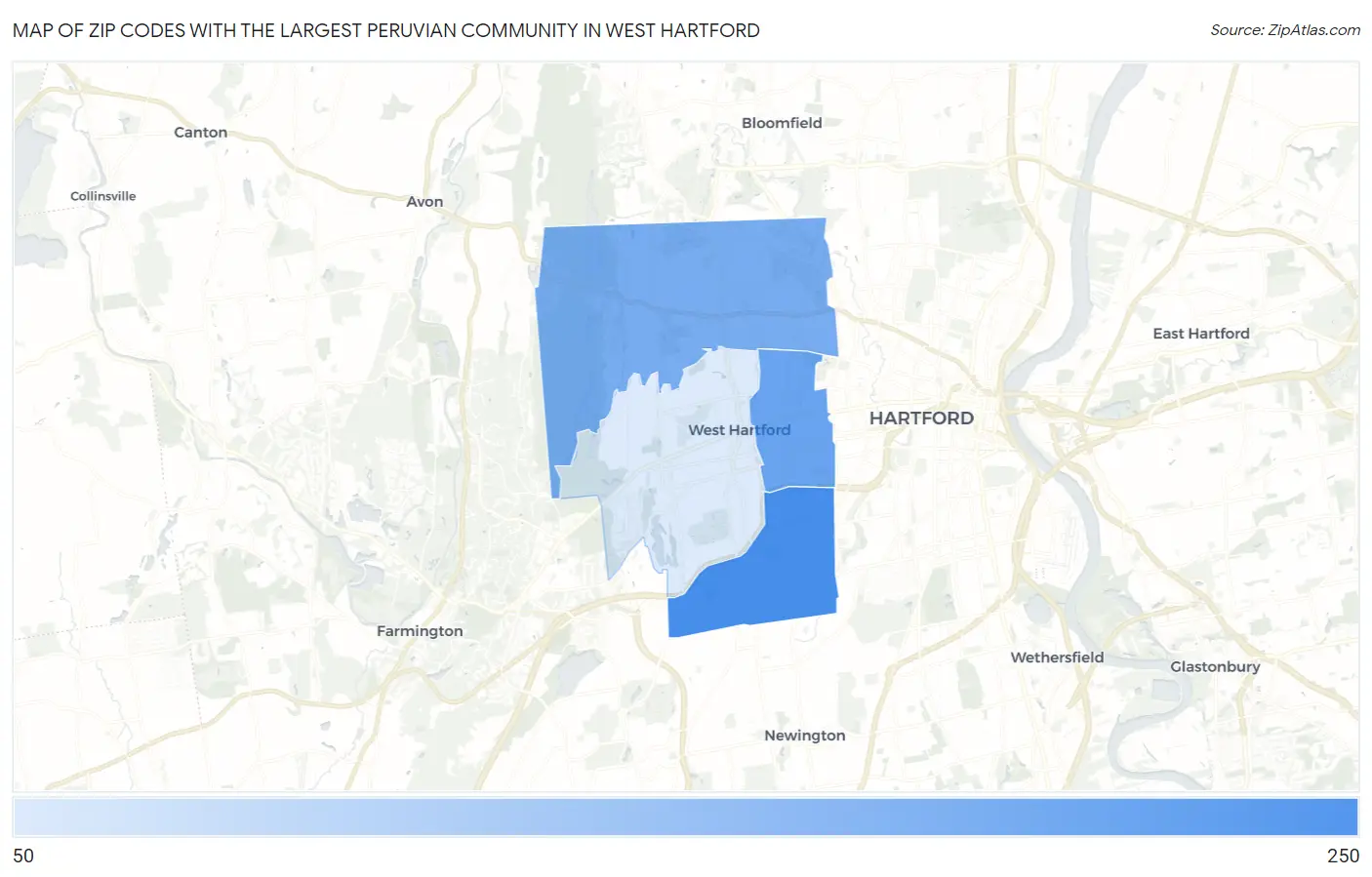 Zip Codes with the Largest Peruvian Community in West Hartford Map
