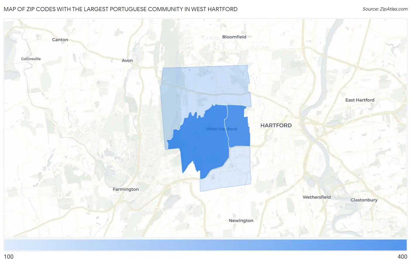 Zip Codes with the Largest Portuguese Community in West Hartford Map