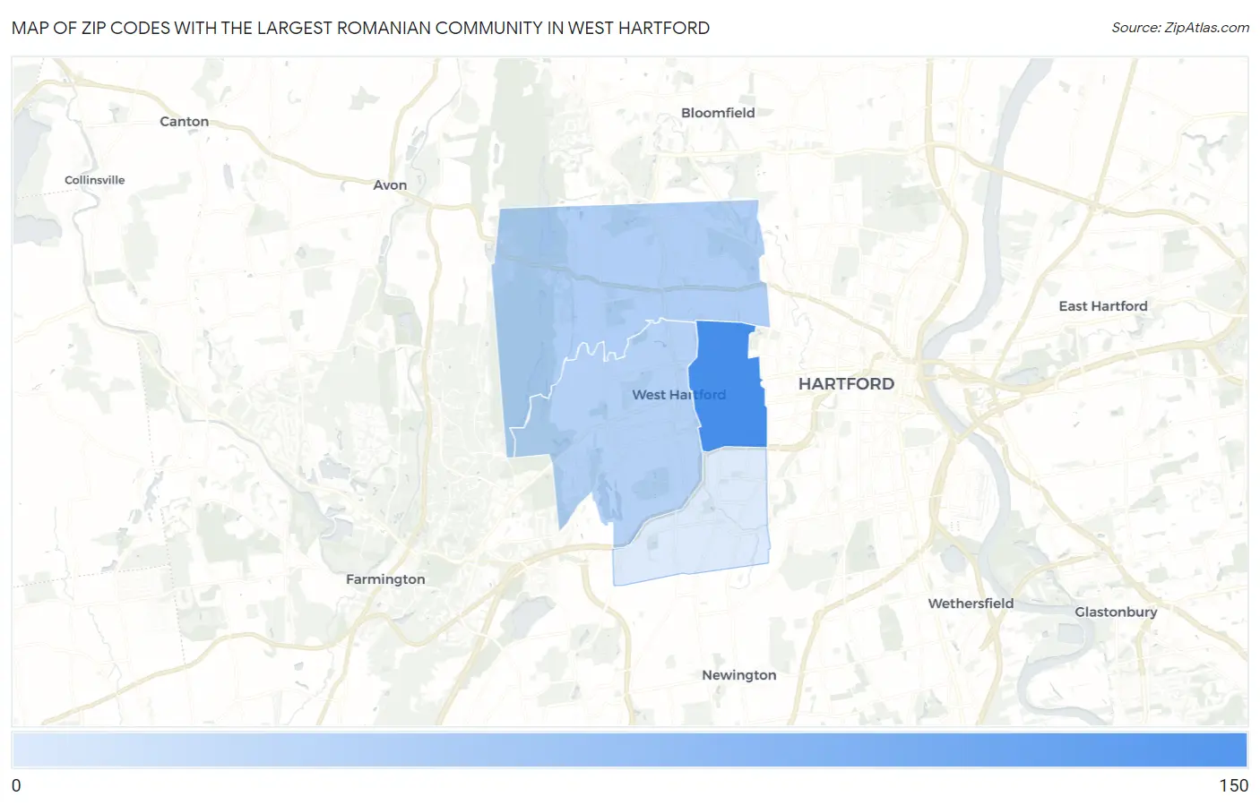 Zip Codes with the Largest Romanian Community in West Hartford Map