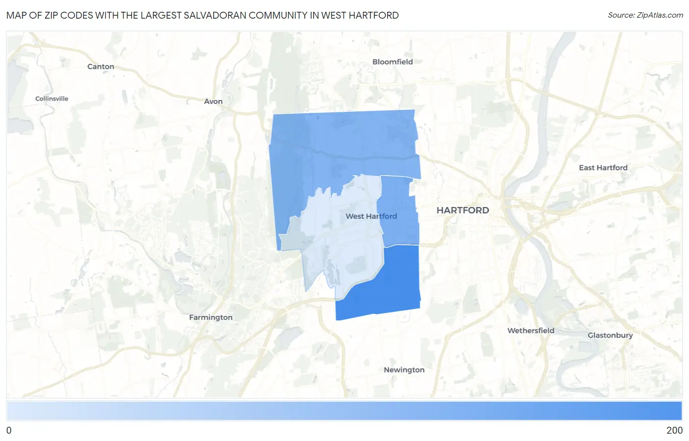 Zip Codes with the Largest Salvadoran Community in West Hartford Map