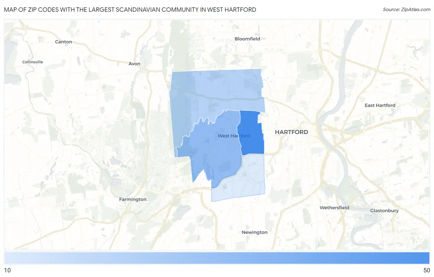 Zip Codes with the Largest Scandinavian Community in West Hartford Map