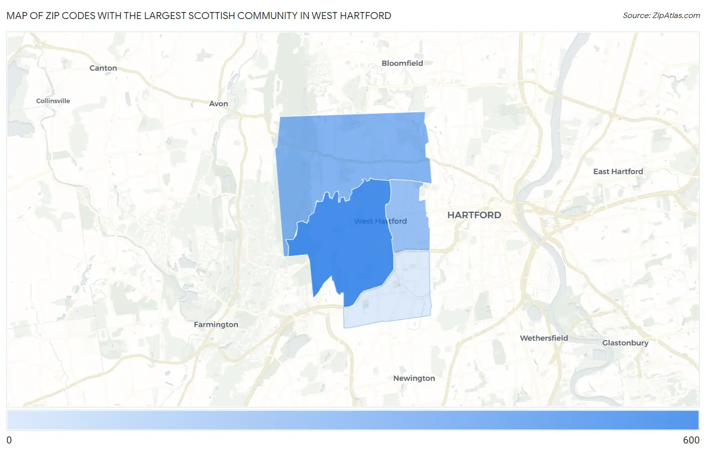 Zip Codes with the Largest Scottish Community in West Hartford Map