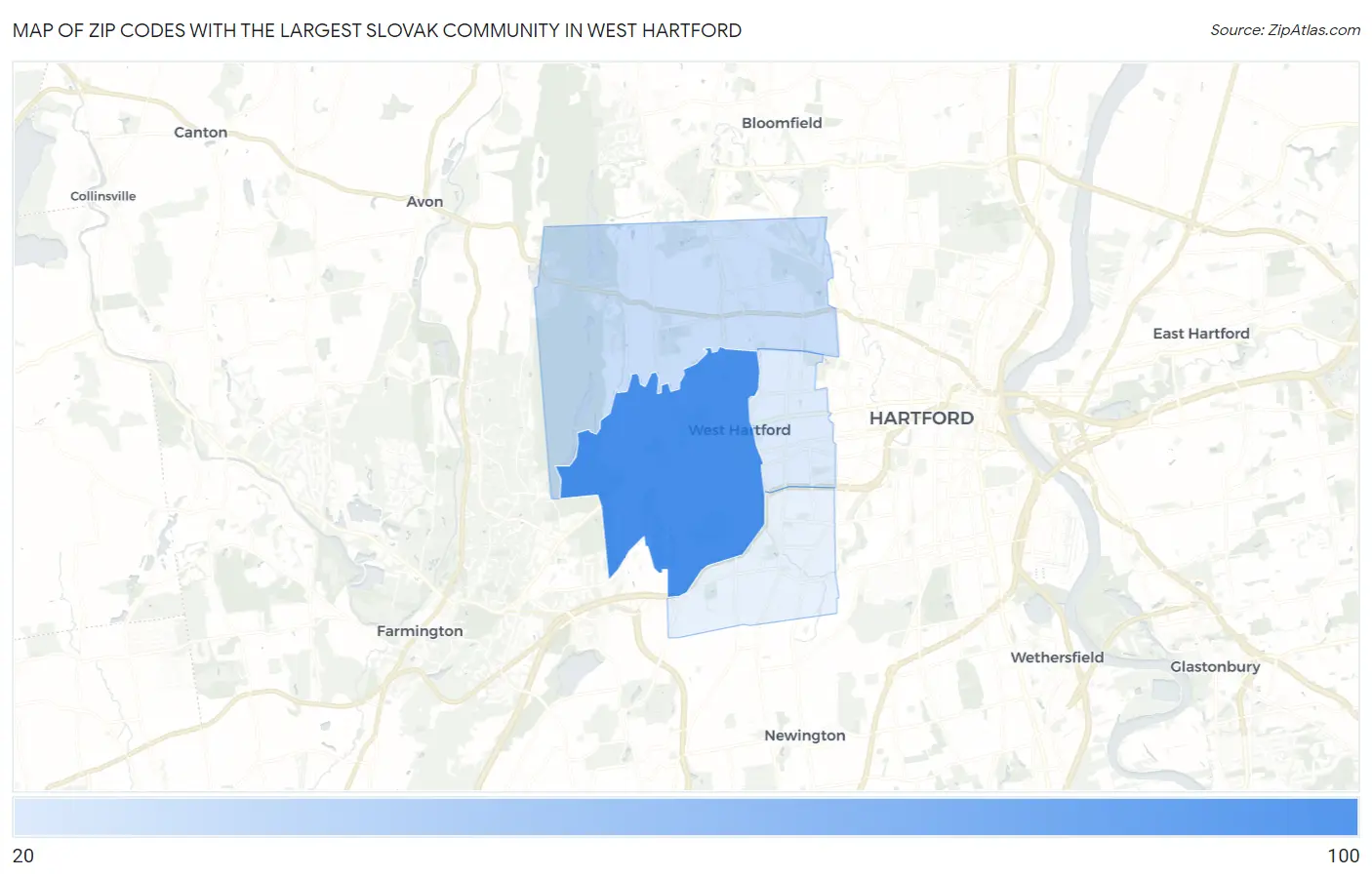 Zip Codes with the Largest Slovak Community in West Hartford Map