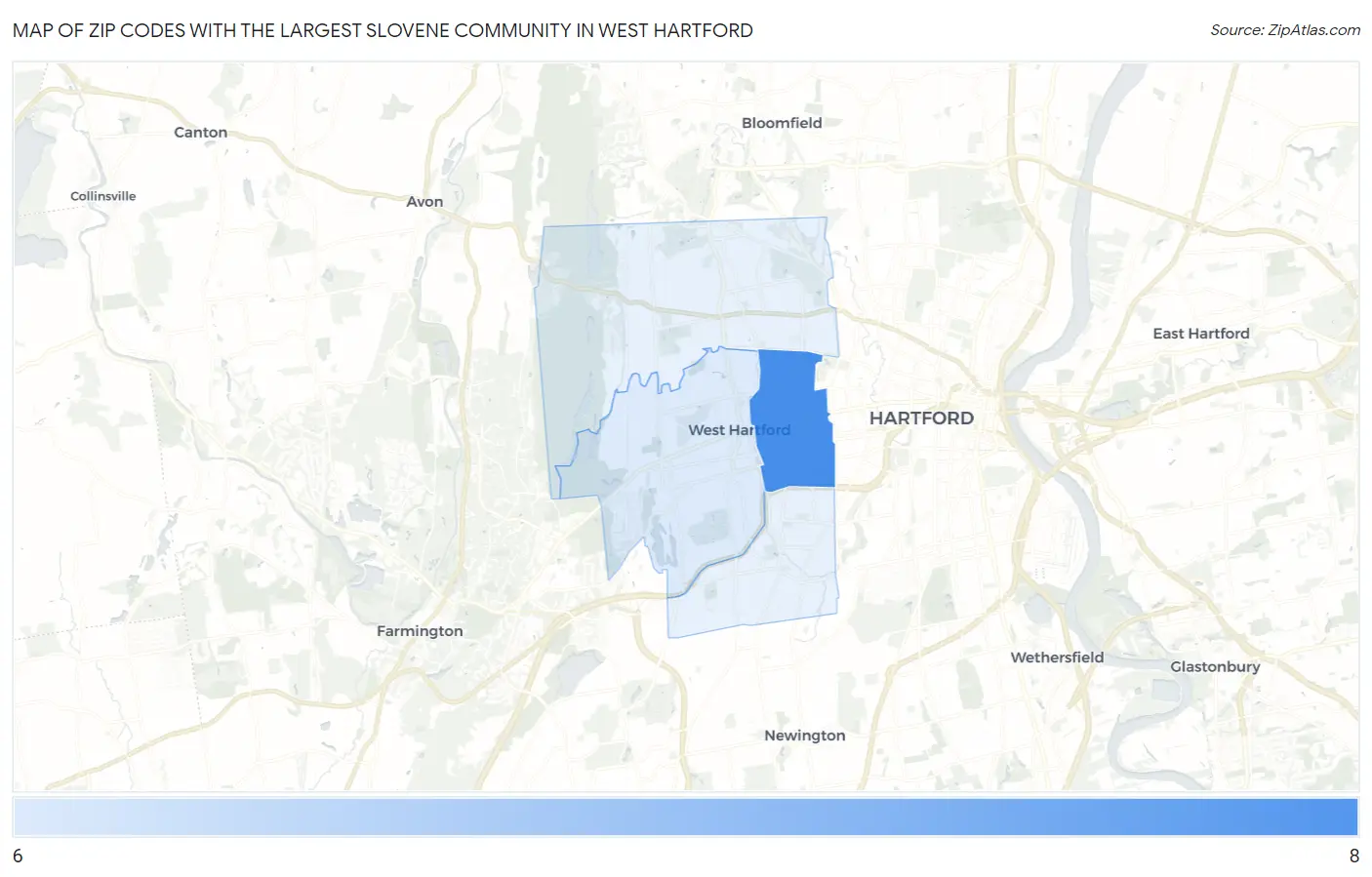 Zip Codes with the Largest Slovene Community in West Hartford Map