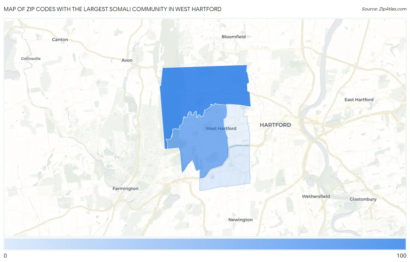 Zip Codes with the Largest Somali Community in West Hartford Map