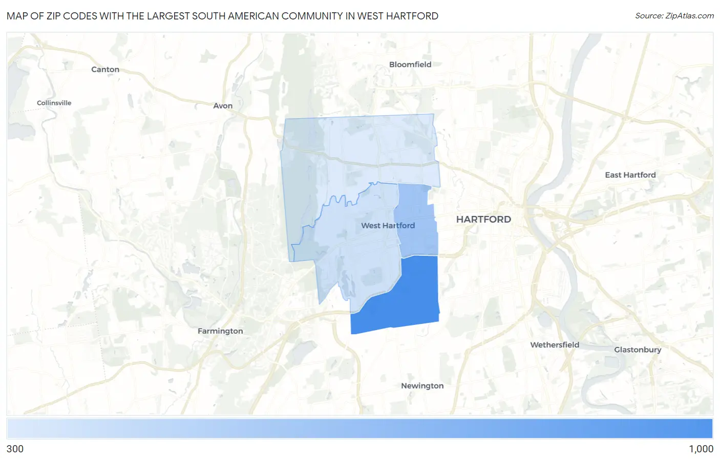 Zip Codes with the Largest South American Community in West Hartford Map