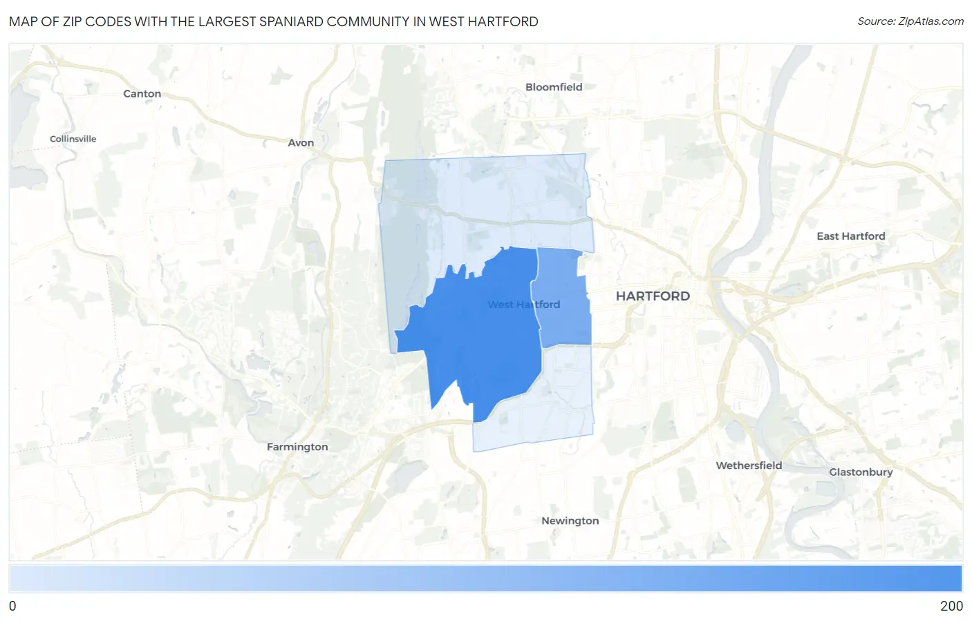 Zip Codes with the Largest Spaniard Community in West Hartford Map