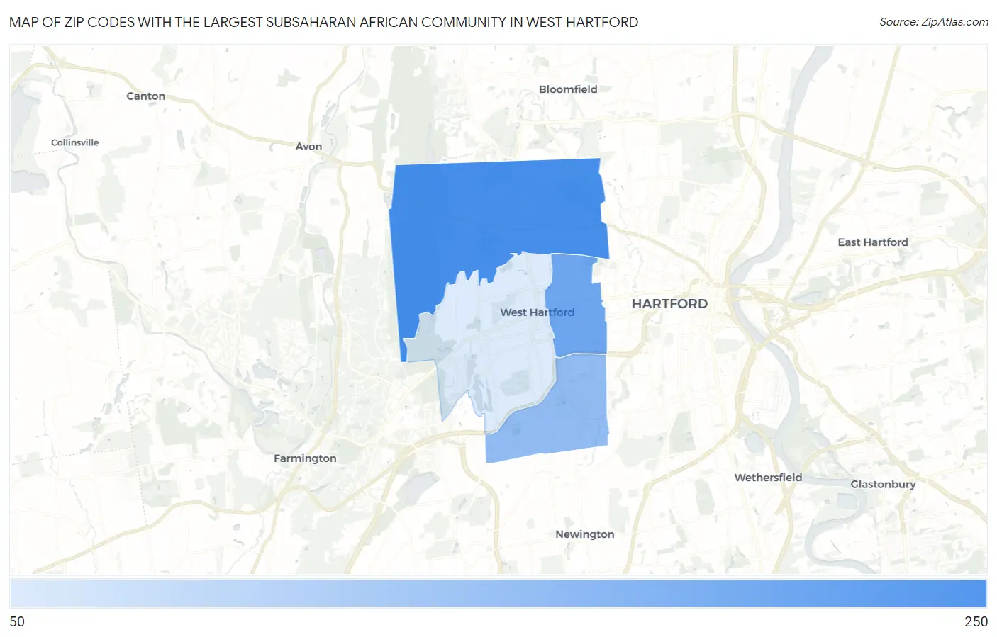 Zip Codes with the Largest Subsaharan African Community in West Hartford Map