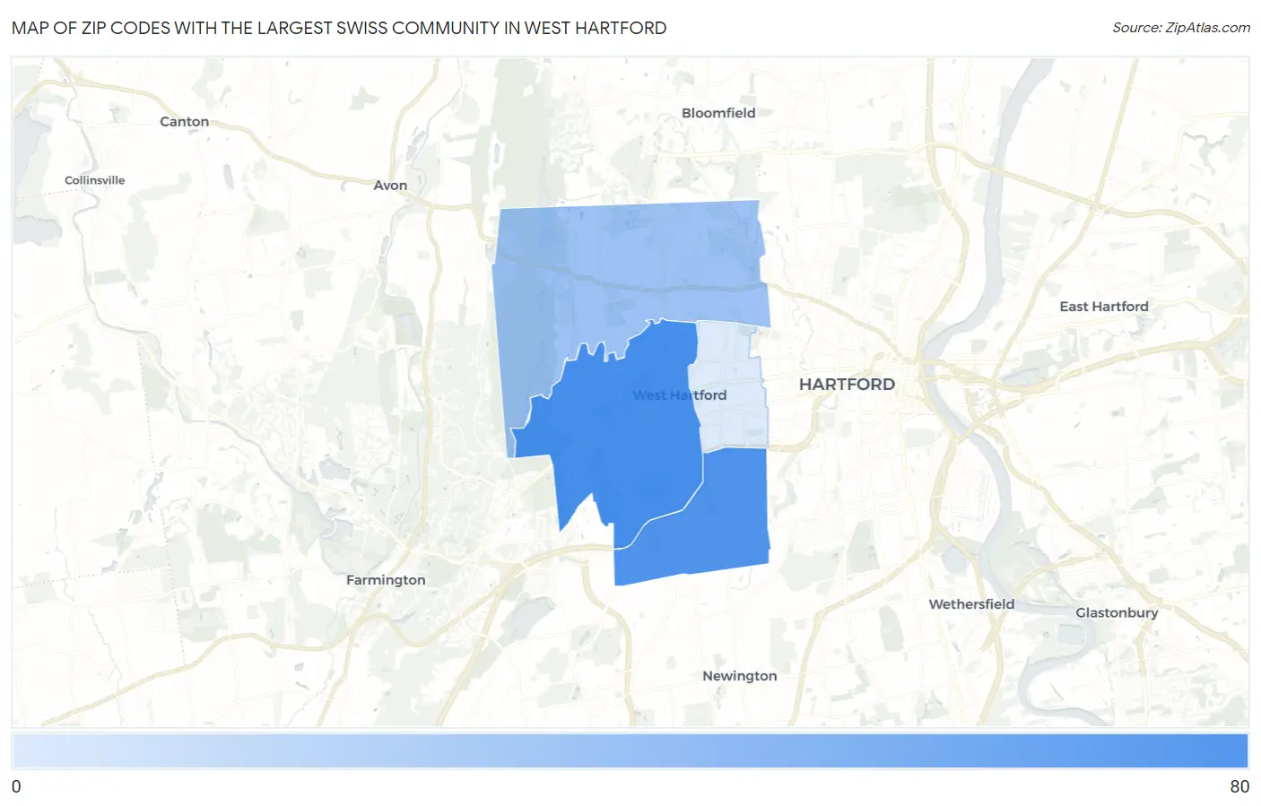 Zip Codes with the Largest Swiss Community in West Hartford Map