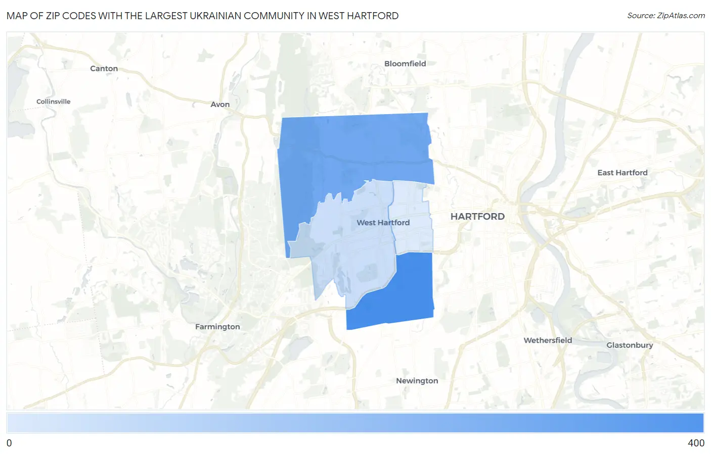 Zip Codes with the Largest Ukrainian Community in West Hartford Map