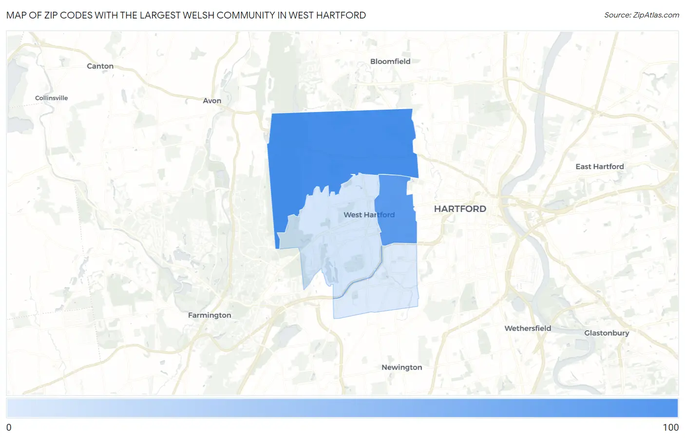 Zip Codes with the Largest Welsh Community in West Hartford Map