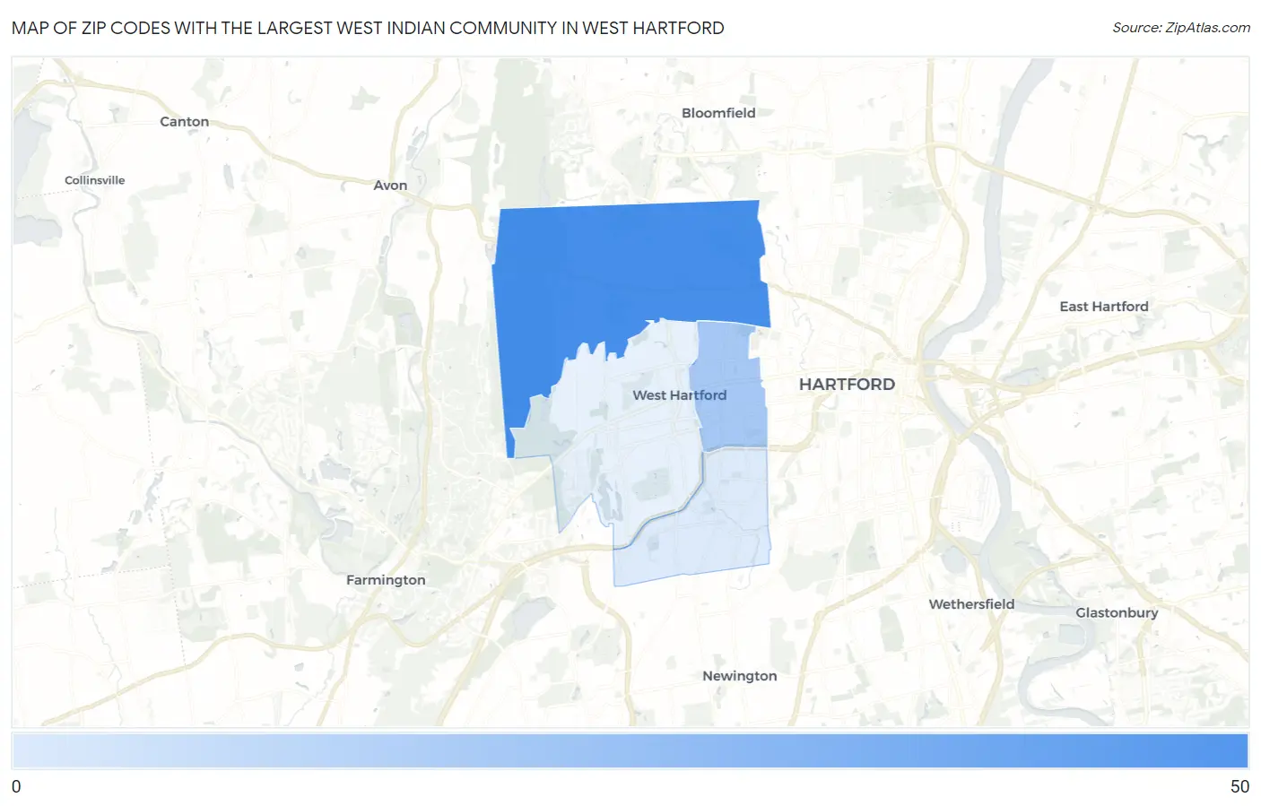 Zip Codes with the Largest West Indian Community in West Hartford Map