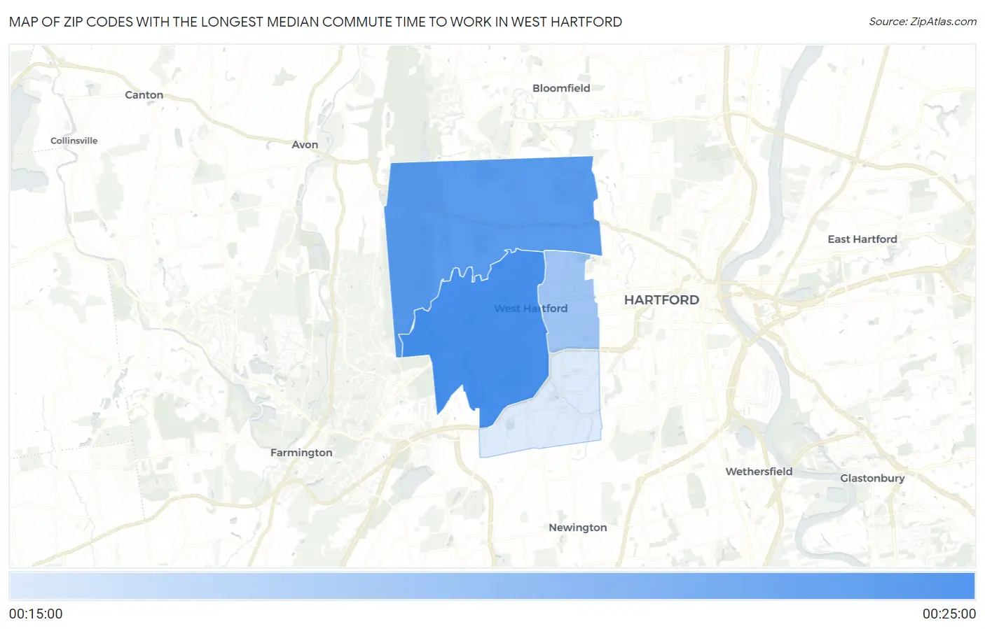 Zip Codes with the Longest Median Commute Time to Work in West Hartford Map