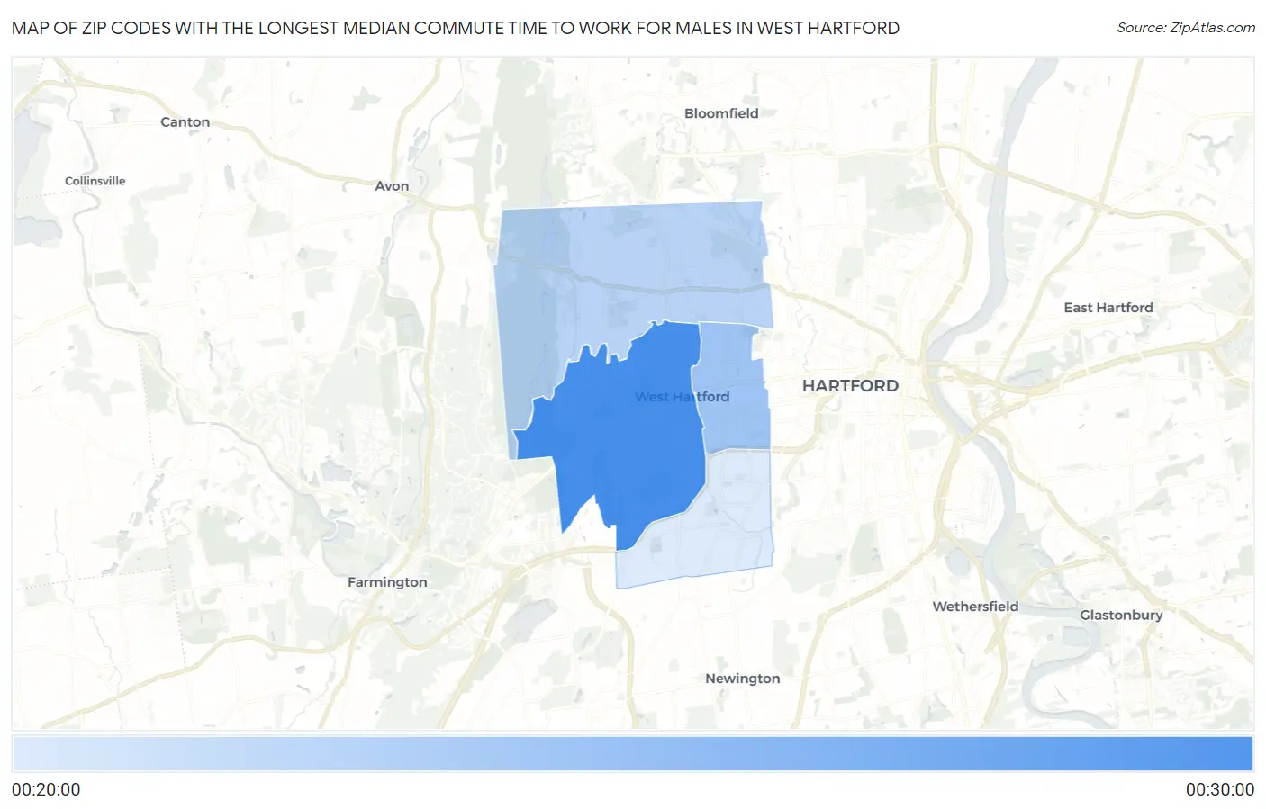 Zip Codes with the Longest Median Commute Time to Work for Males in West Hartford Map