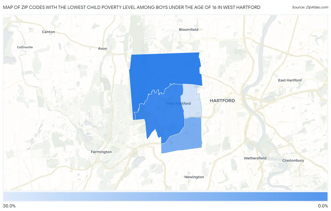 Zip Codes with the Lowest Child Poverty Level Among Boys Under the Age of 16 in West Hartford Map