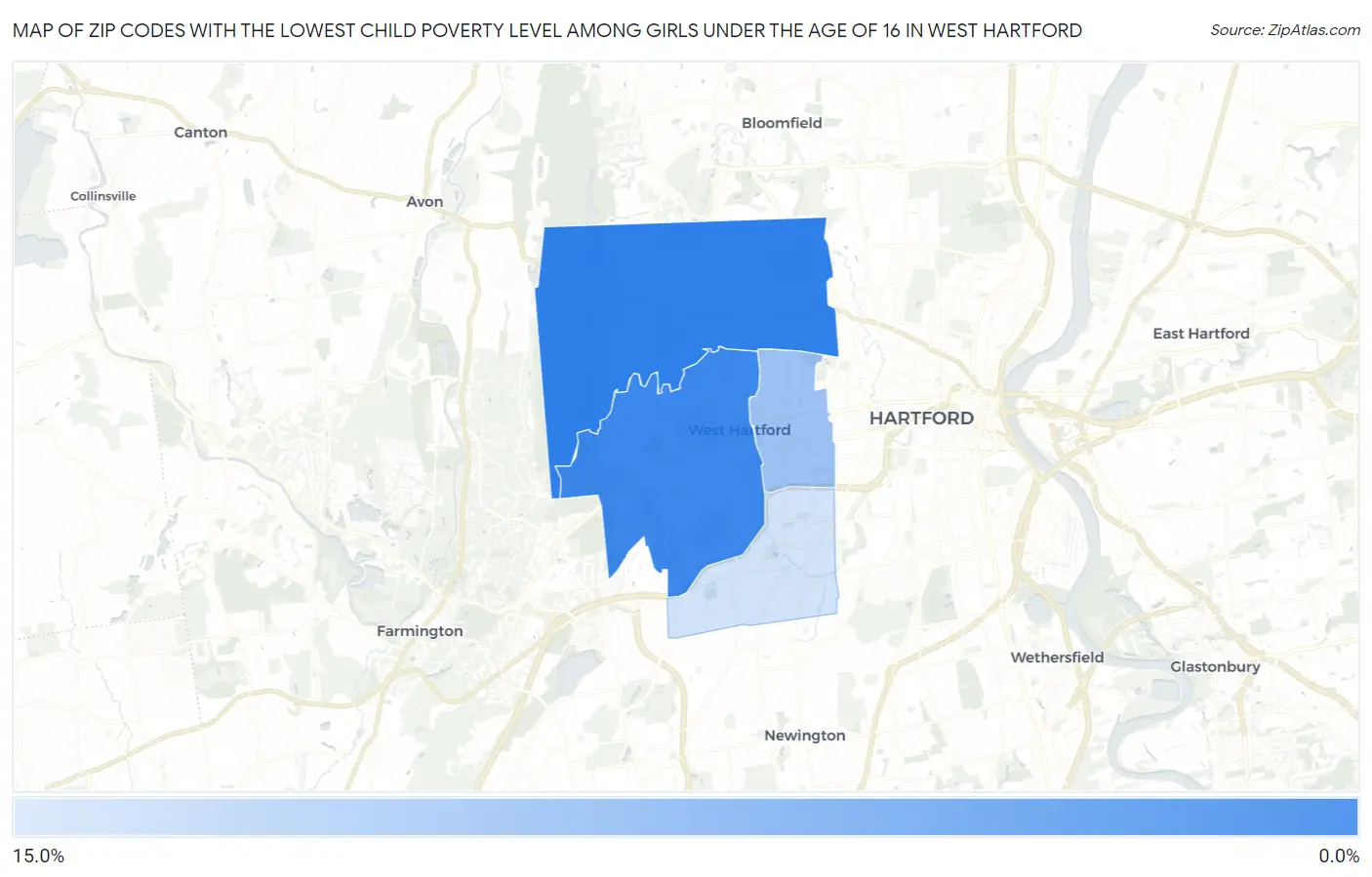 Zip Codes with the Lowest Child Poverty Level Among Girls Under the Age of 16 in West Hartford Map