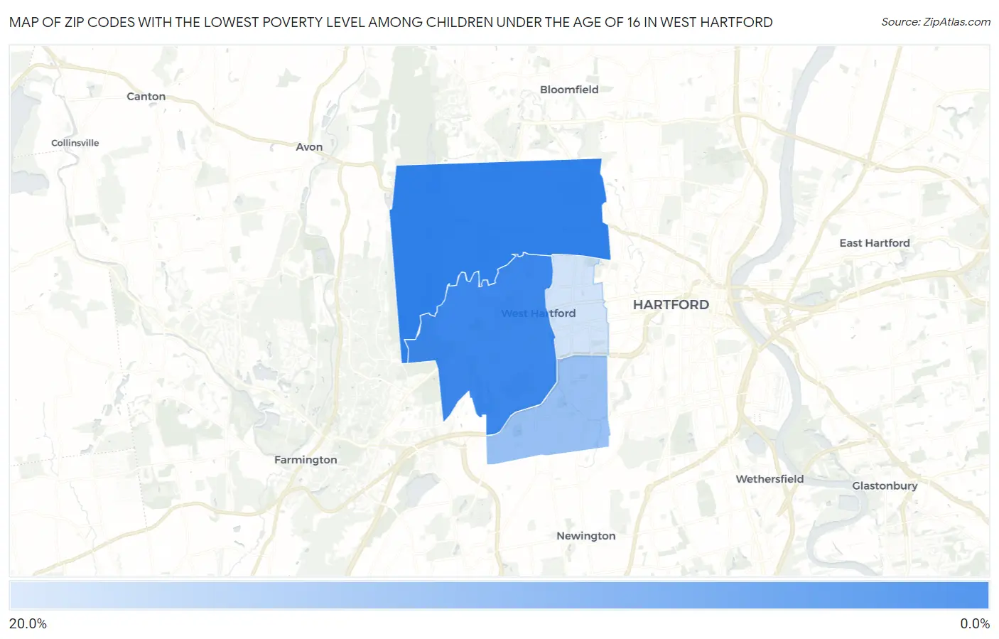 Zip Codes with the Lowest Poverty Level Among Children Under the Age of 16 in West Hartford Map