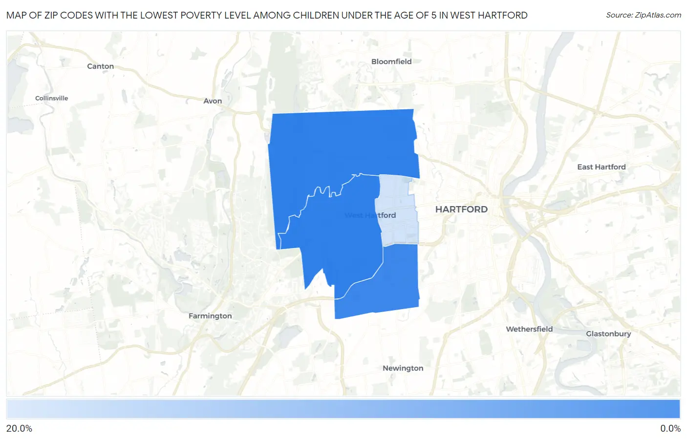 Zip Codes with the Lowest Poverty Level Among Children Under the Age of 5 in West Hartford Map