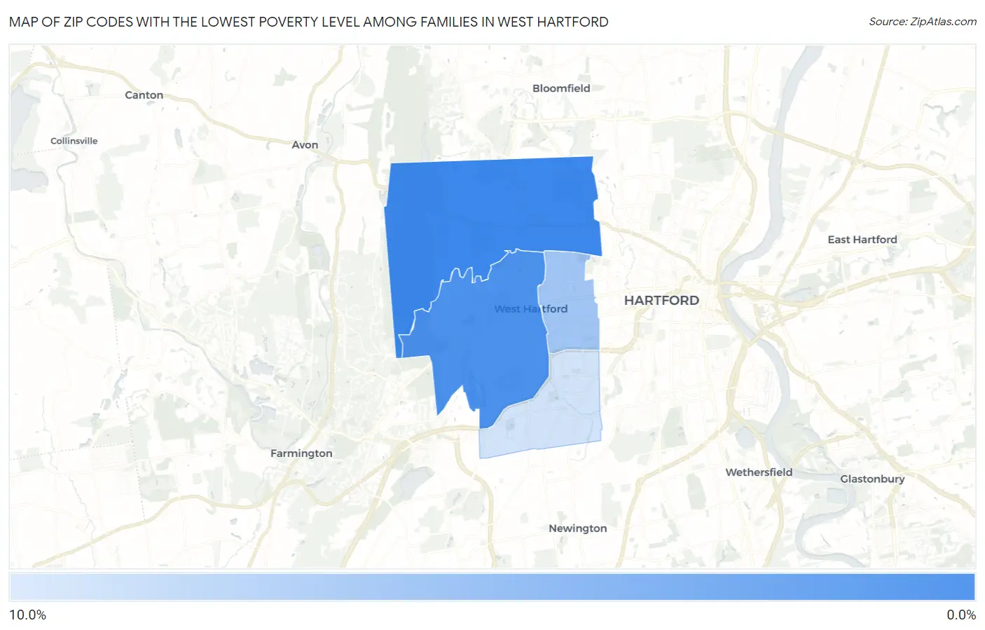 Zip Codes with the Lowest Poverty Level Among Families in West Hartford Map