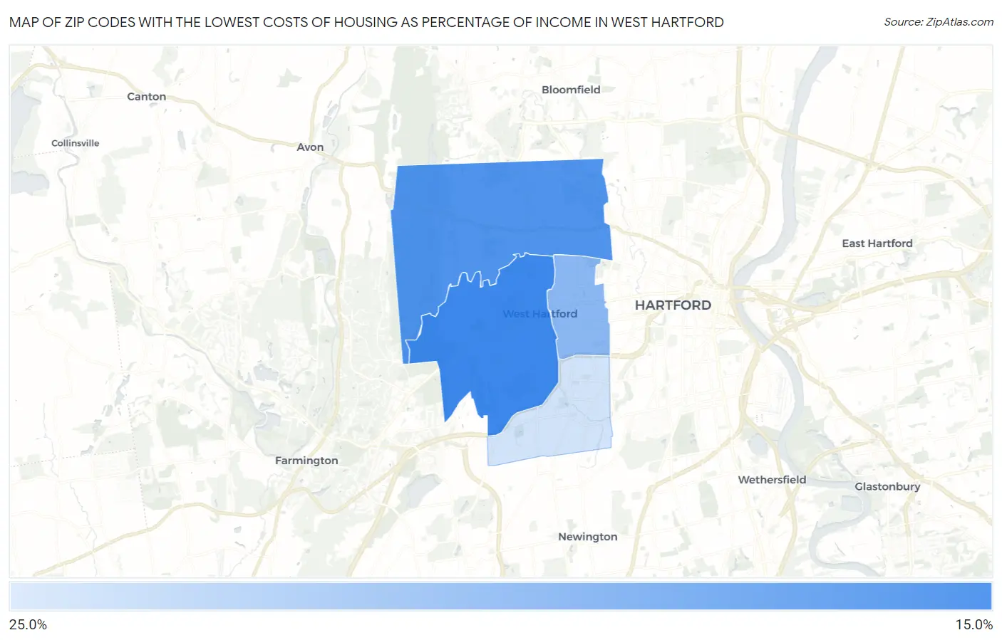 Zip Codes with the Lowest Costs of Housing as Percentage of Income in West Hartford Map