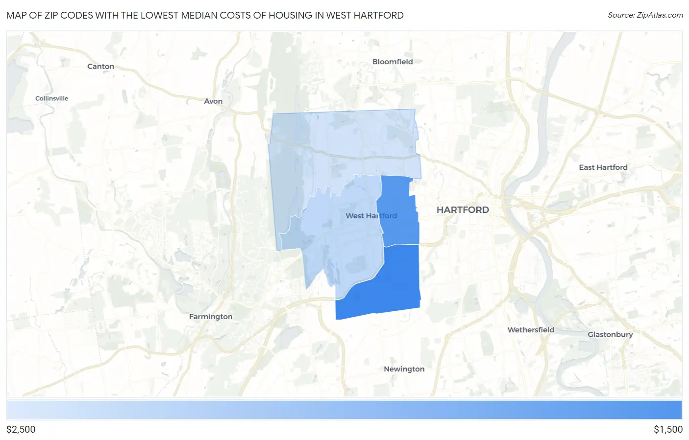 Zip Codes with the Lowest Median Costs of Housing in West Hartford Map