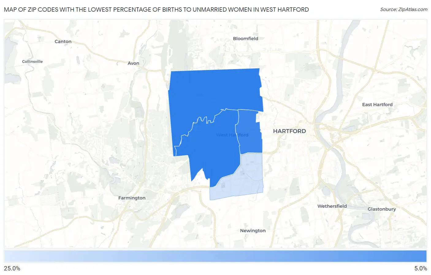 Zip Codes with the Lowest Percentage of Births to Unmarried Women in West Hartford Map