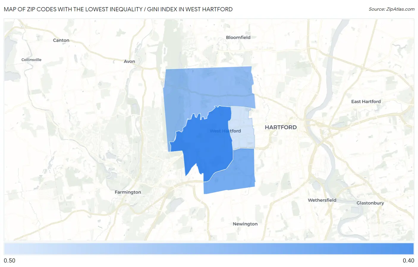 Zip Codes with the Lowest Inequality / Gini Index in West Hartford Map
