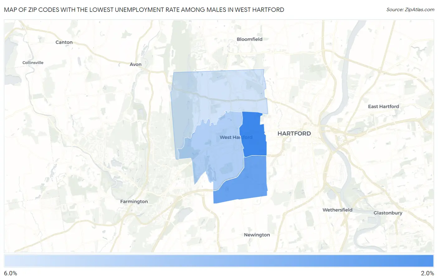 Zip Codes with the Lowest Unemployment Rate Among Males in West Hartford Map