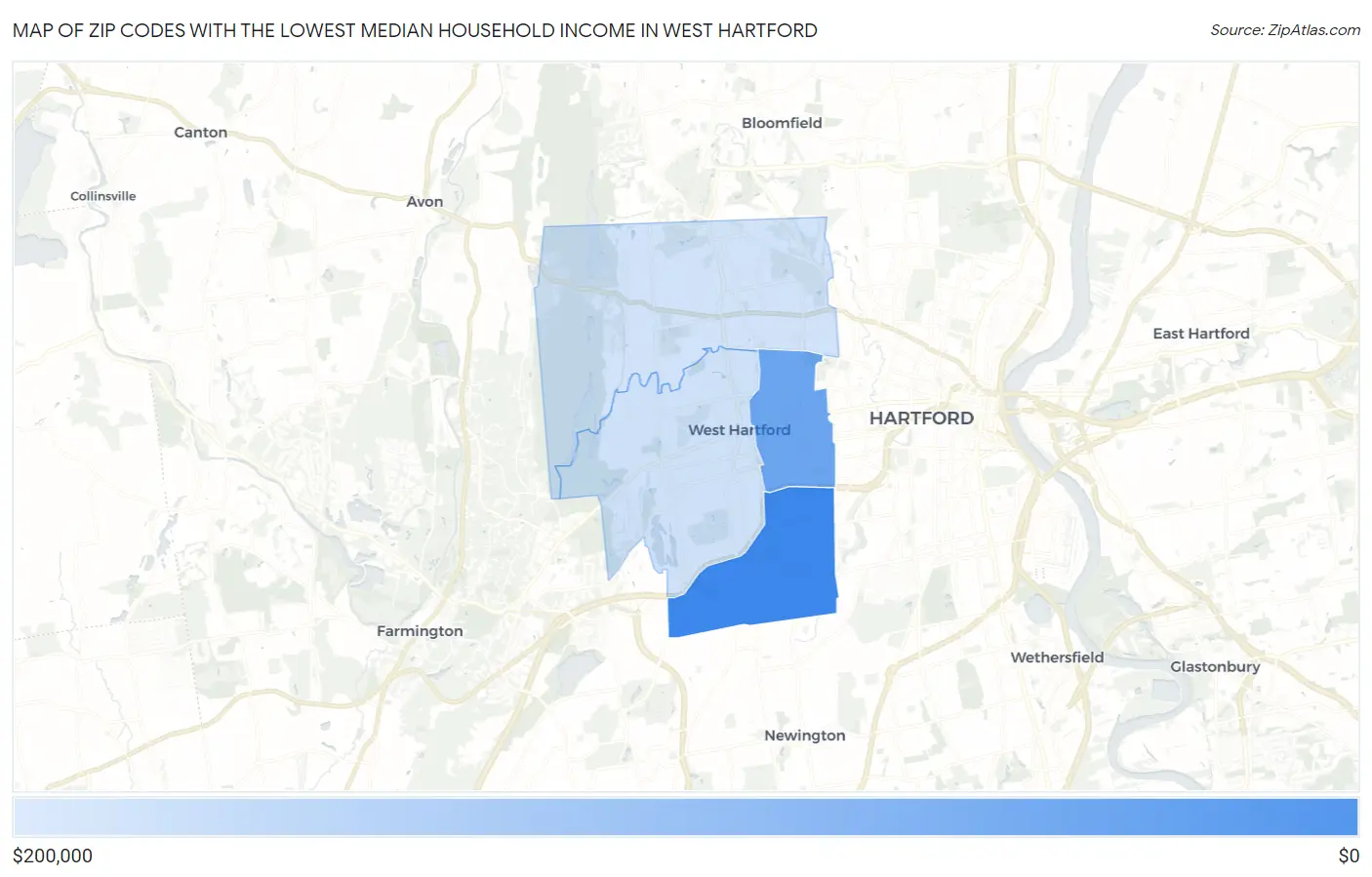 Zip Codes with the Lowest Median Household Income in West Hartford Map