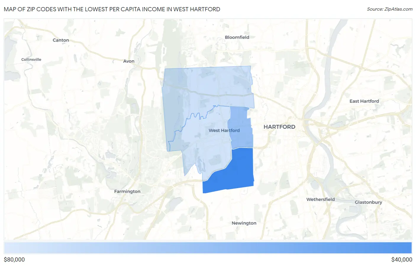 Zip Codes with the Lowest Per Capita Income in West Hartford Map