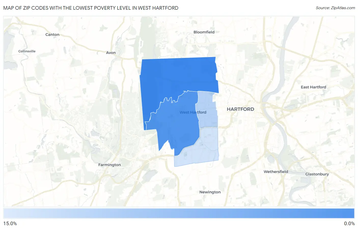 Zip Codes with the Lowest Poverty Level in West Hartford Map