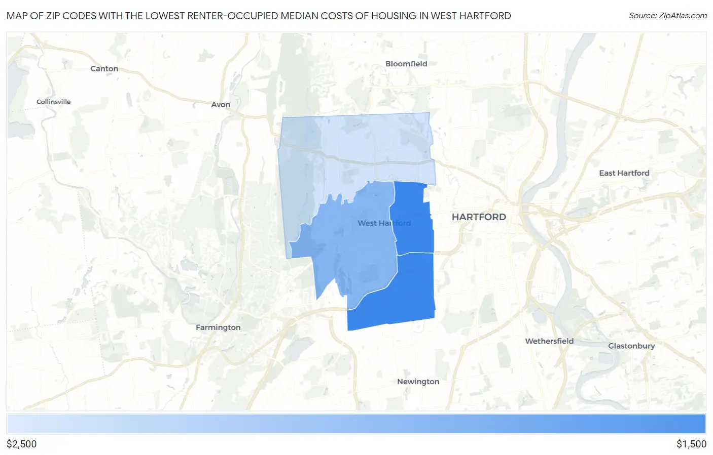 Zip Codes with the Lowest Renter-Occupied Median Costs of Housing in West Hartford Map