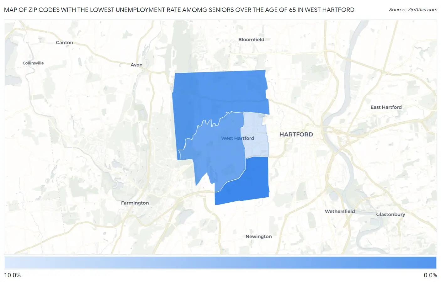 Zip Codes with the Lowest Unemployment Rate Amomg Seniors Over the Age of 65 in West Hartford Map