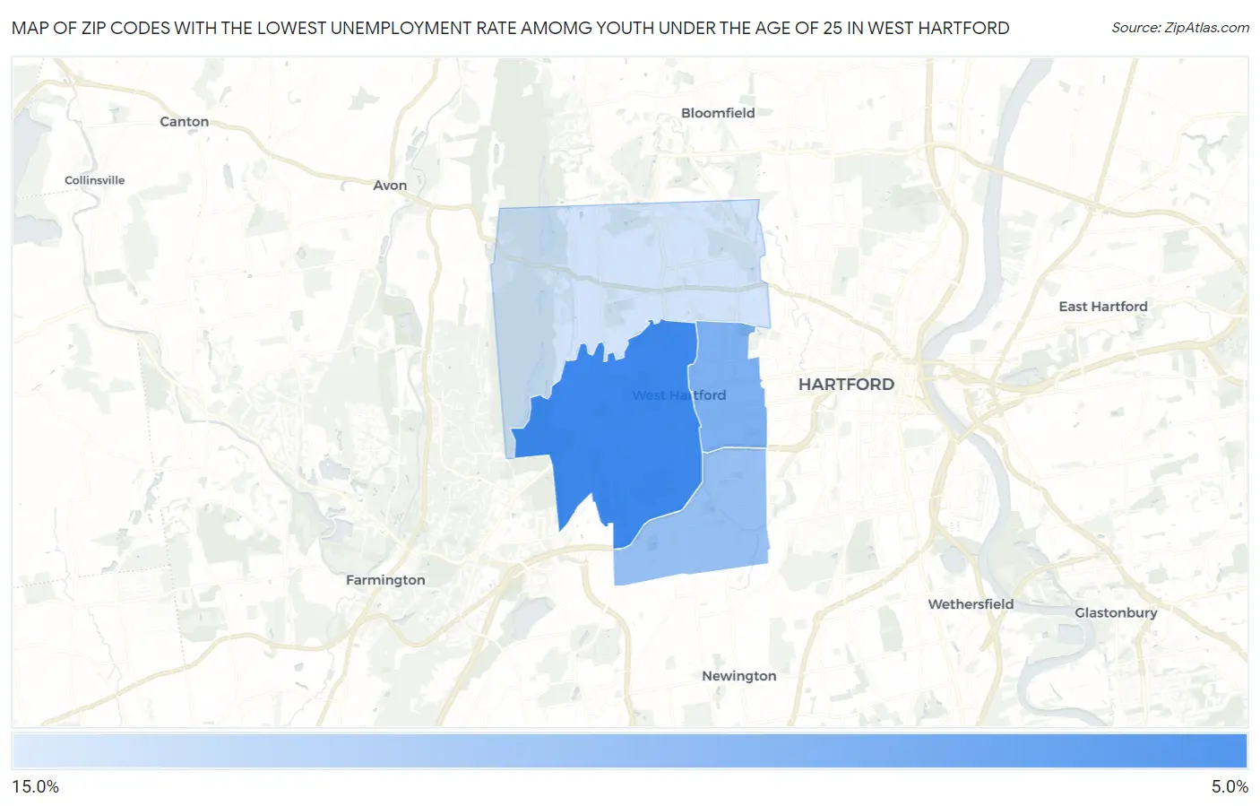 Zip Codes with the Lowest Unemployment Rate Amomg Youth Under the Age of 25 in West Hartford Map
