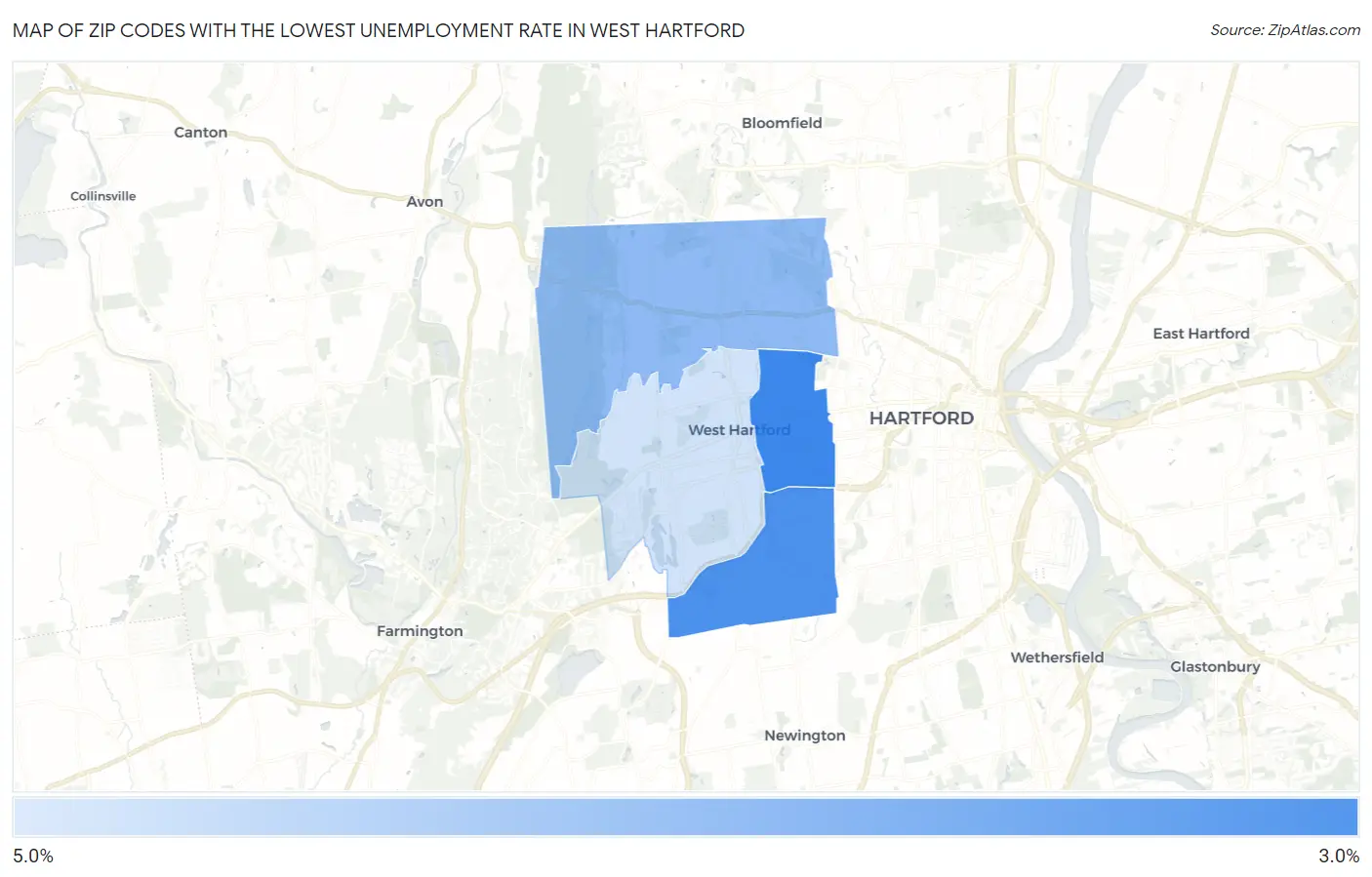 Zip Codes with the Lowest Unemployment Rate in West Hartford Map
