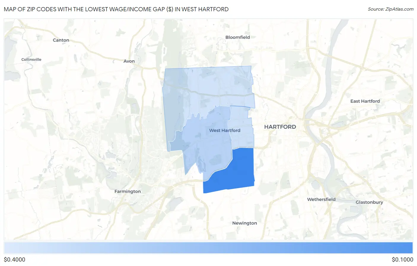Zip Codes with the Lowest Wage/Income Gap ($) in West Hartford Map