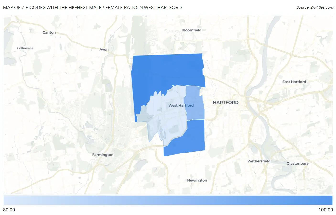Zip Codes with the Highest Male / Female Ratio in West Hartford Map