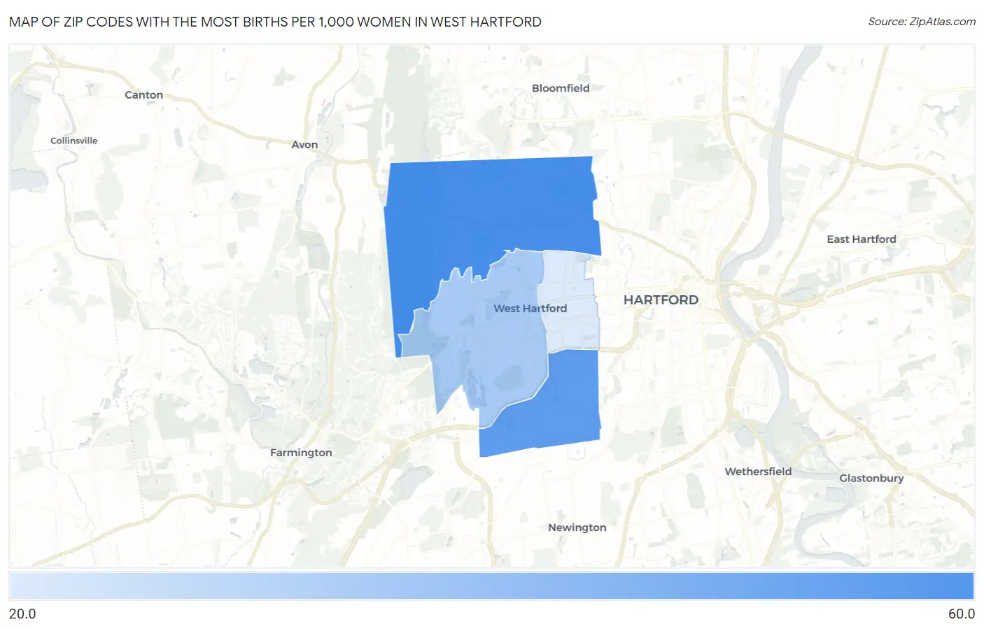 Zip Codes with the Most Births per 1,000 Women in West Hartford Map