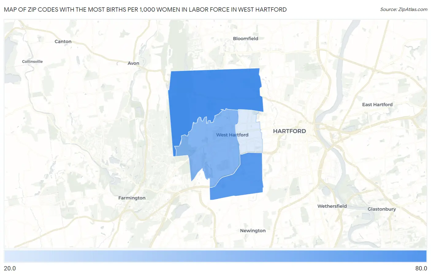 Zip Codes with the Most Births per 1,000 Women in Labor Force in West Hartford Map