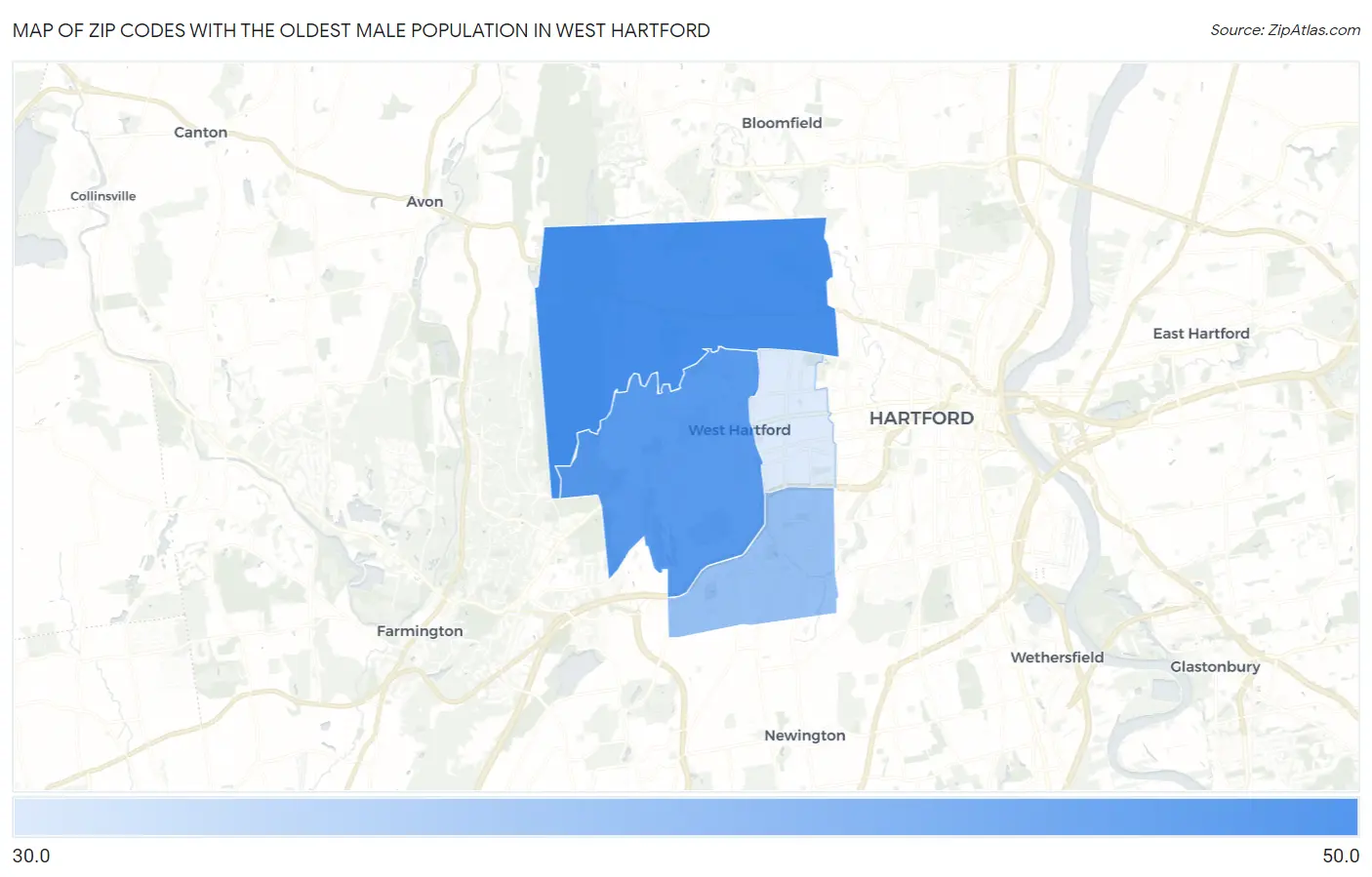 Zip Codes with the Oldest Male Population in West Hartford Map