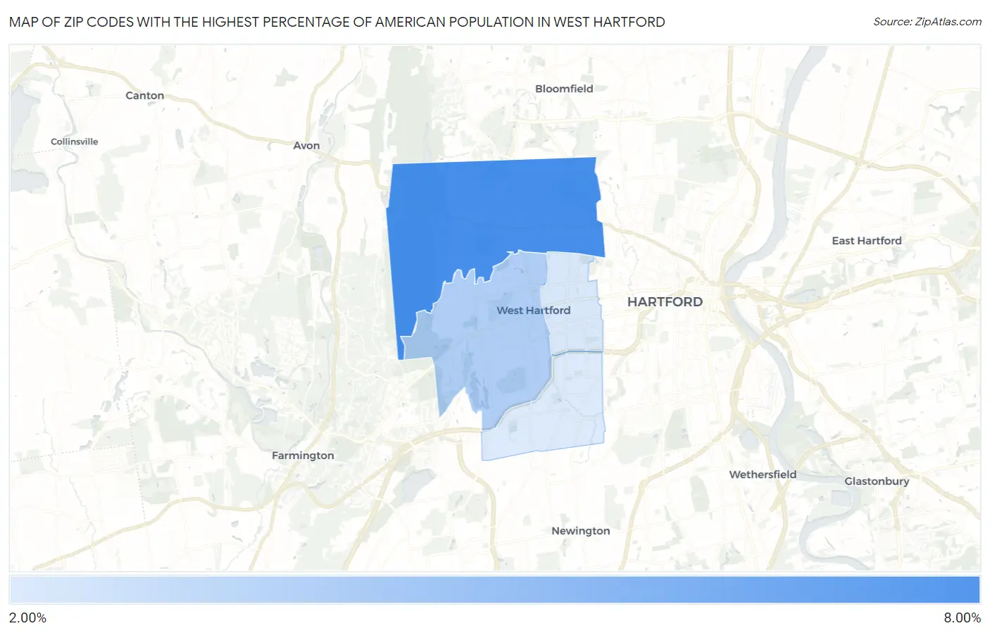 Zip Codes with the Highest Percentage of American Population in West Hartford Map