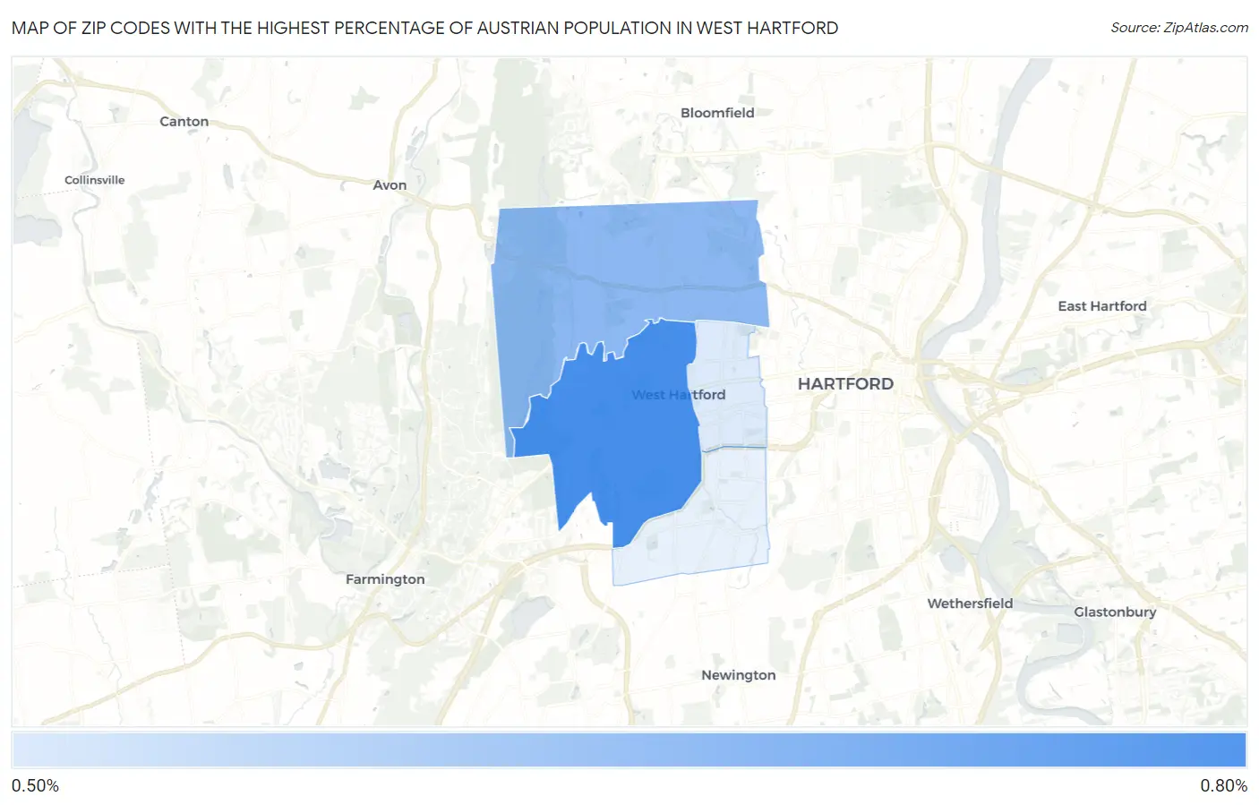 Zip Codes with the Highest Percentage of Austrian Population in West Hartford Map