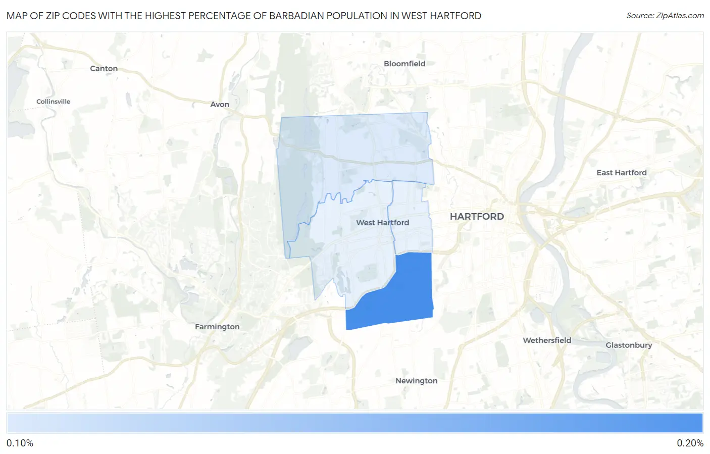 Zip Codes with the Highest Percentage of Barbadian Population in West Hartford Map
