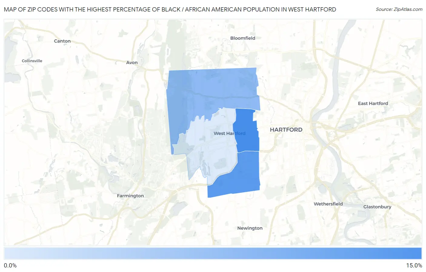 Zip Codes with the Highest Percentage of Black / African American Population in West Hartford Map