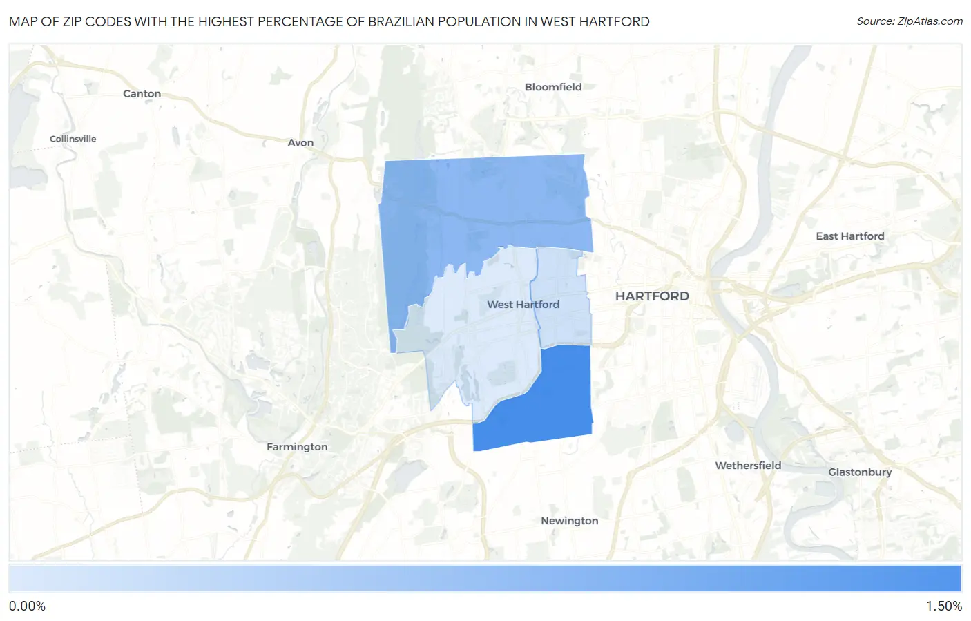 Zip Codes with the Highest Percentage of Brazilian Population in West Hartford Map